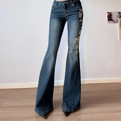 Women Retro Y2k Jeans Baggy Floral Embroidery Jeans