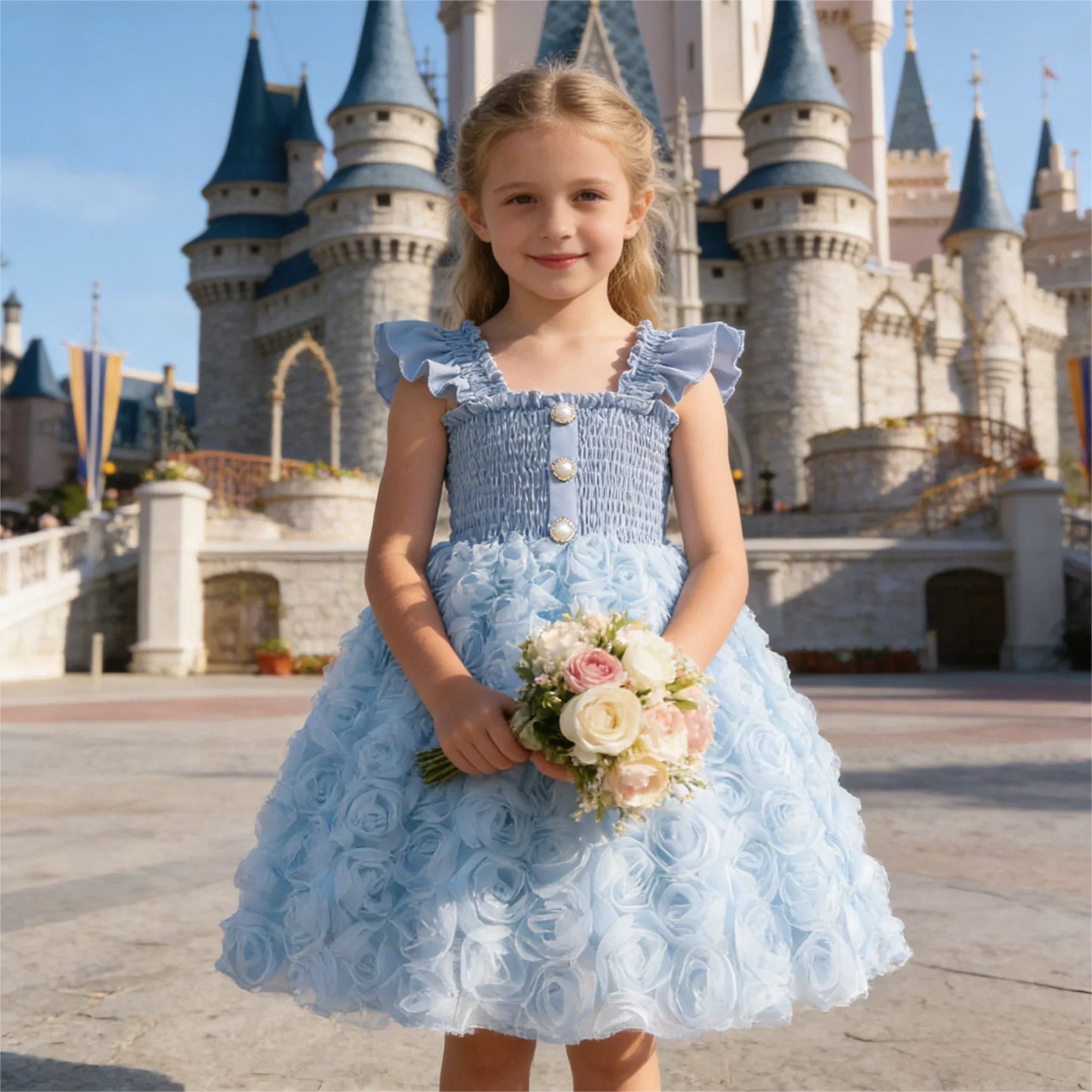 Girls' Sky Blue Tulle Dress - 3D Rose Appliqué Skirt, Pearl Buttons Vintage Chic Party Gown