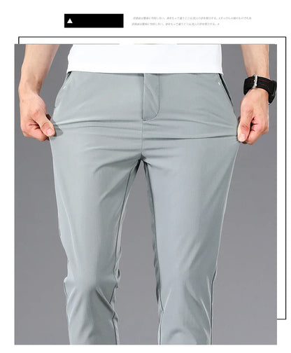 Business Thin Men's Breathable Pants Slim Straight High Elastic Slim Casual Pants Male Brand Clothing Khaki Gray Green Black
