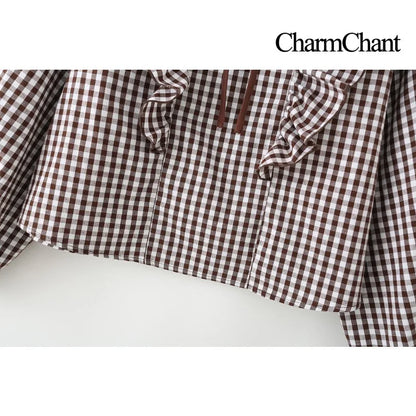 Women's Cotton Gingham Cropped Ruffle Tie Neck Blouse Spring Autumn 2026 Chic Modern Long Sleeve Shirt Tops for Woman