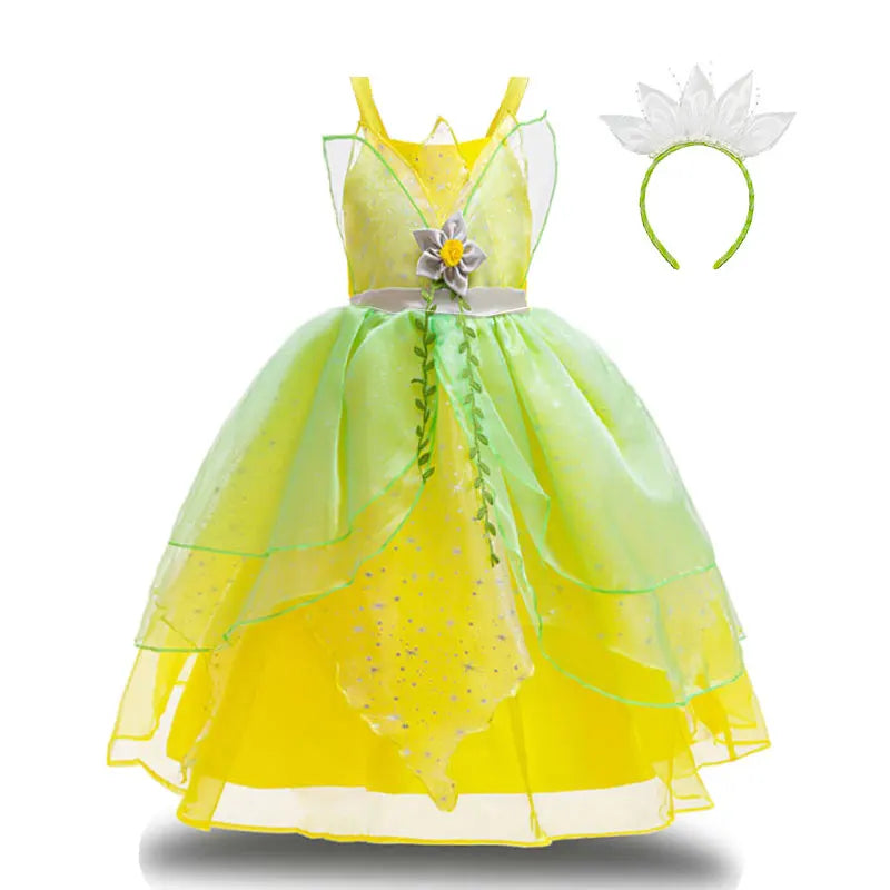 Fairy Tale Princess Costume for Girl Dressy Floral Ball Gown Princess and Frog Cosplay Tiana Halloween Apparel Green Dress 2-10Y