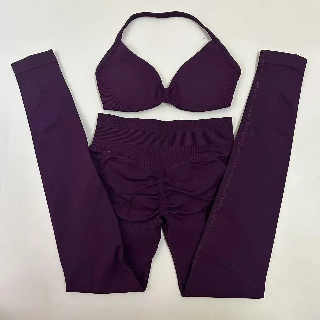 2pcs Seamless Yoga Set Women Yoga Scrunch Leggings Set Strappy Halter Sports Bra Fitness Gym Clothing Workout Set