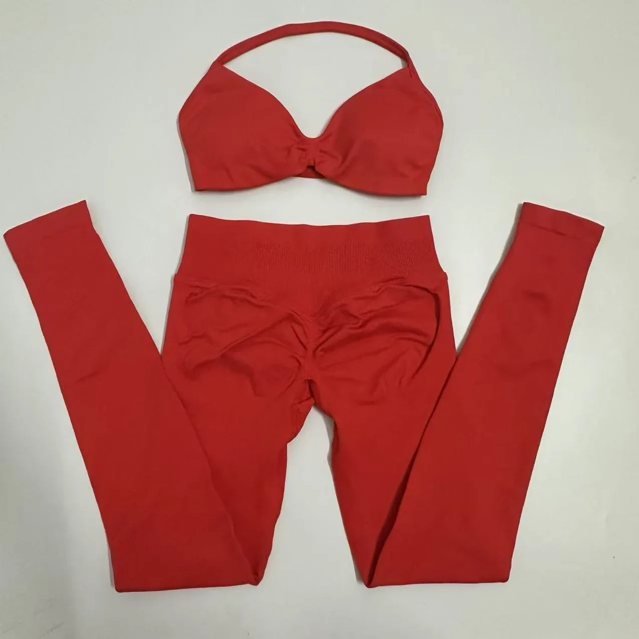 2pcs Seamless Yoga Set Women Yoga Scrunch Leggings Set Strappy Halter Sports Bra Fitness Gym Clothing Workout Set