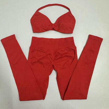 2pcs Seamless Yoga Set Women Yoga Scrunch Leggings Set Strappy Halter Sports Bra Fitness Gym Clothing Workout Set