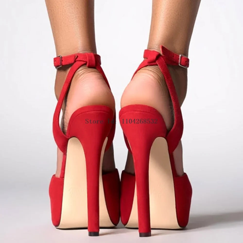 Red Patent Leather Platform High Heels  Stiletto Ankle Buckle Strap Solid New Arrivals Fashion Slingback Buckle Strap Shoes