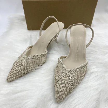 Fashion Black Hollow Mesh Woven Brand Pumps Women Comfort Pointed Toe Shallow High Heel Sandals Elegant Thin Heel Designer Shoes