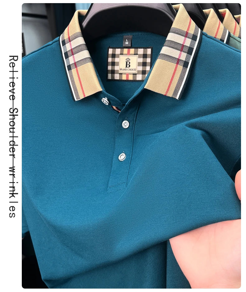 Fashion brand luxury short sleeve polo shirt men summer quality silky cotton breathable business casual striped collar T-shirt