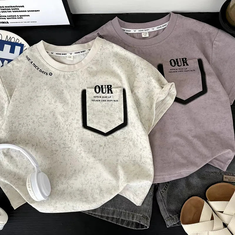 Kids 2-Piece Summer Casual Set - Short Sleeve T-Shirt with Pocket Print & Gray Denim Shorts for Boys Children's Fashion Outfit
