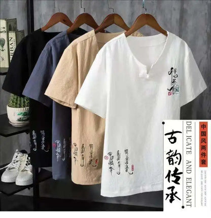 (Shirt + trousers)2025 summer Chinese Style men shirt Cotton and linen shirts men's High quality casual shirts Two Piece M-5XL
