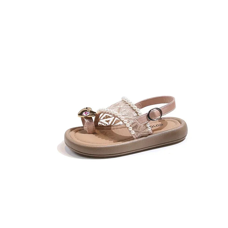 2025 Summer New Children Princess Pearl Cool Slippers for Girl Anti Slip Beach Sandals Toe Covering Casual Versatile Style Flats