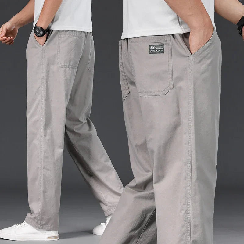 Men's 100% Cotton Cargo Pants Business Relaxed Fit Long Trousers Men Elastic Waist Drawstring Sweatpants Autumn Men Jogger Pants