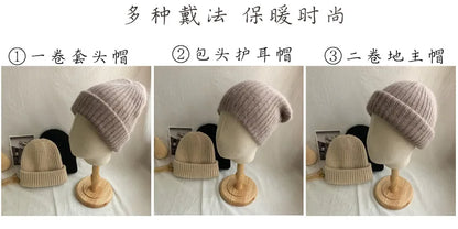 Winter Dome Brimless Casual Hat Warm Rabbit Fur Knit Hat women's double-layer Thick Wool Hat Casual Hat Toe Cap Cold Hat 4m868