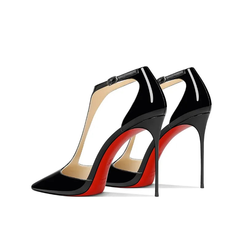 Black patent leather T-belt bag with nightclub sexy 12cm ultra-fine heel pointed party European and American high-heeled sandals