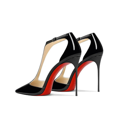 Black patent leather T-belt bag with nightclub sexy 12cm ultra-fine heel pointed party European and American high-heeled sandals