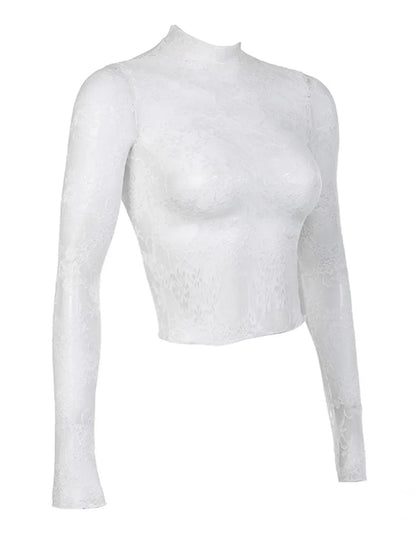 Sexy Lace Blouse Shirts Summer Women Turtleneck Long Sleeve See Through Lace Patchwork Thin Tops