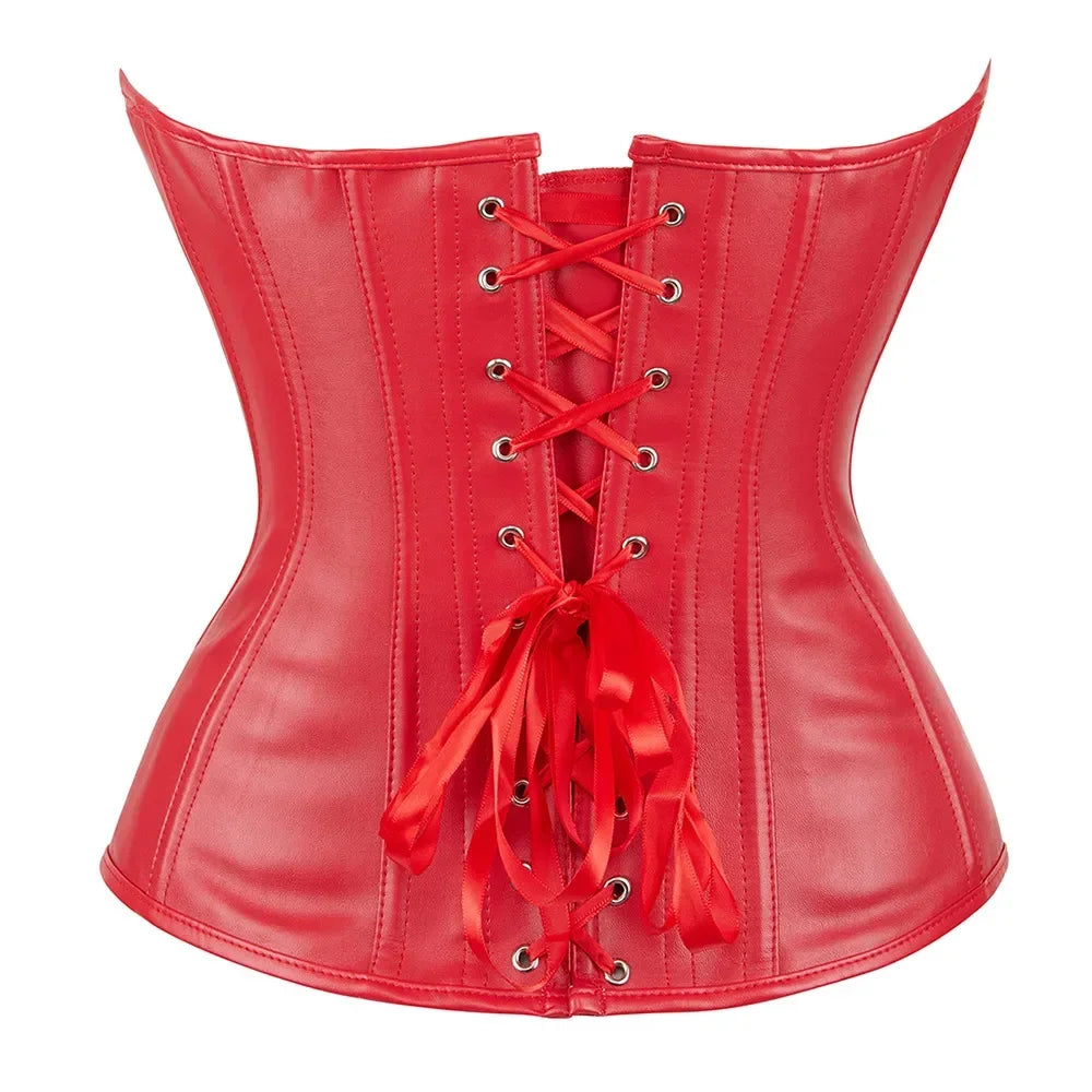 Red Black PU Leather Bustier Tops Zipper Steampunk Corset  Korset Overbust Body Shaper Women Sexy Basque