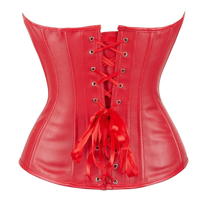 Red Black PU Leather Bustier Tops Zipper Steampunk Corset  Korset Overbust Body Shaper Women Sexy Basque