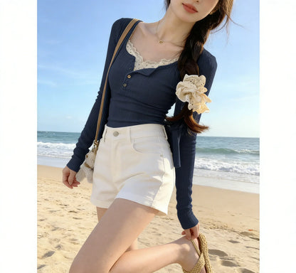 2026 Women's Fashion Trend Solid Color Sexy Lace Jacquard Two-Piece Long-Sleeve T-Shirt Y2K Slim Fit Sweet & Spicy Girl Shirt