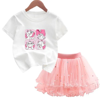 The Aristocats Marie Cat 2Pcs/Set Girl Dress Kid Birthday Clothes Party Princess Dress T-shirt+Tutu Skirt Summer Christmas Gift
