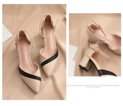 Sapatos femininos clássicos de salto quadrado bege bico fino para festa, senhoras, primavera, verão, fivela preta, couro PU, sapatilhas profissionais