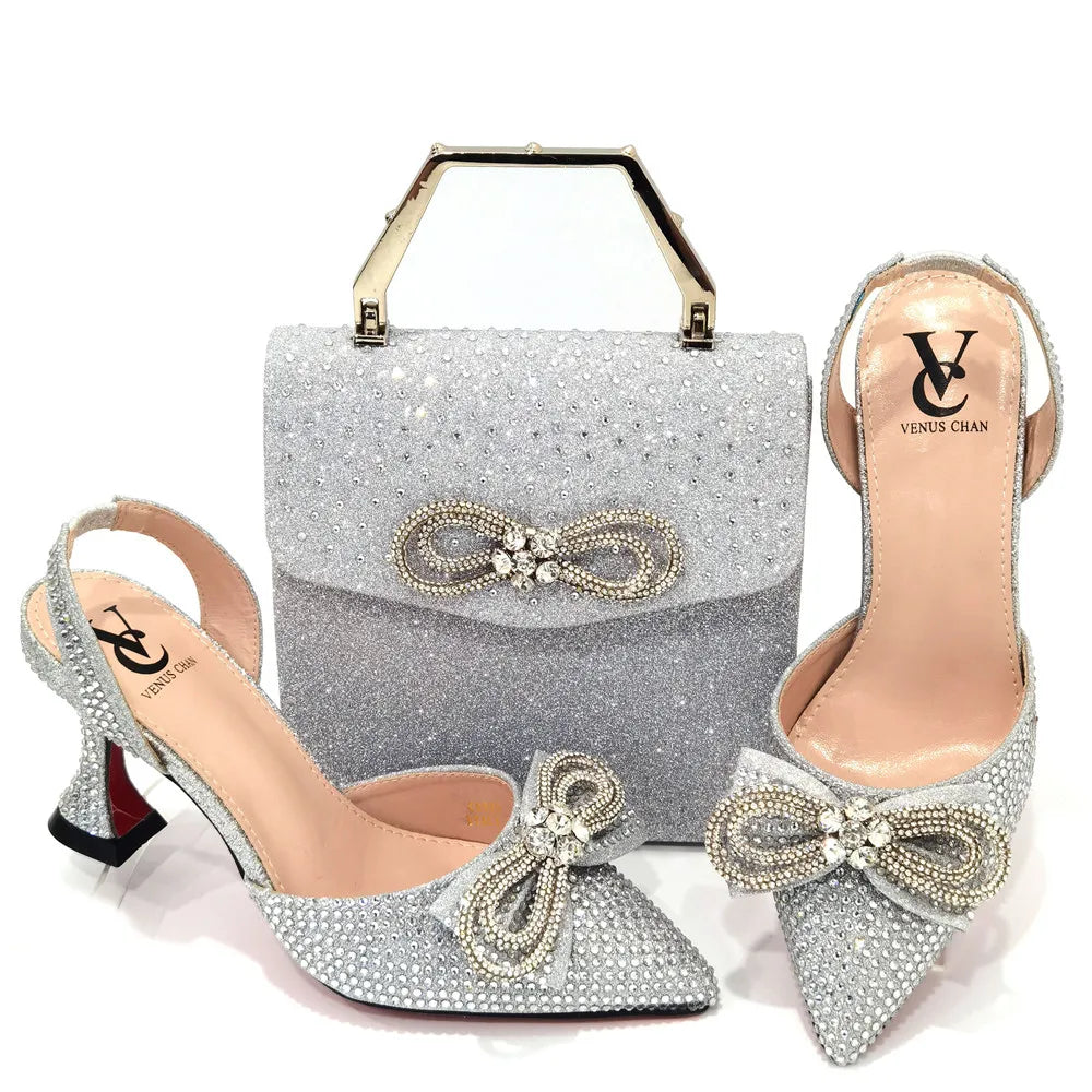 Rhinestone Bow Side Empty Party High Heels Pointed Toe Stiletto Heels Silver Women's Shoes And Bags