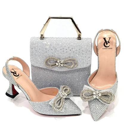 Rhinestone Bow Side Empty Party High Heels Pointed Toe Stiletto Heels Silver Women's Shoes And Bags
