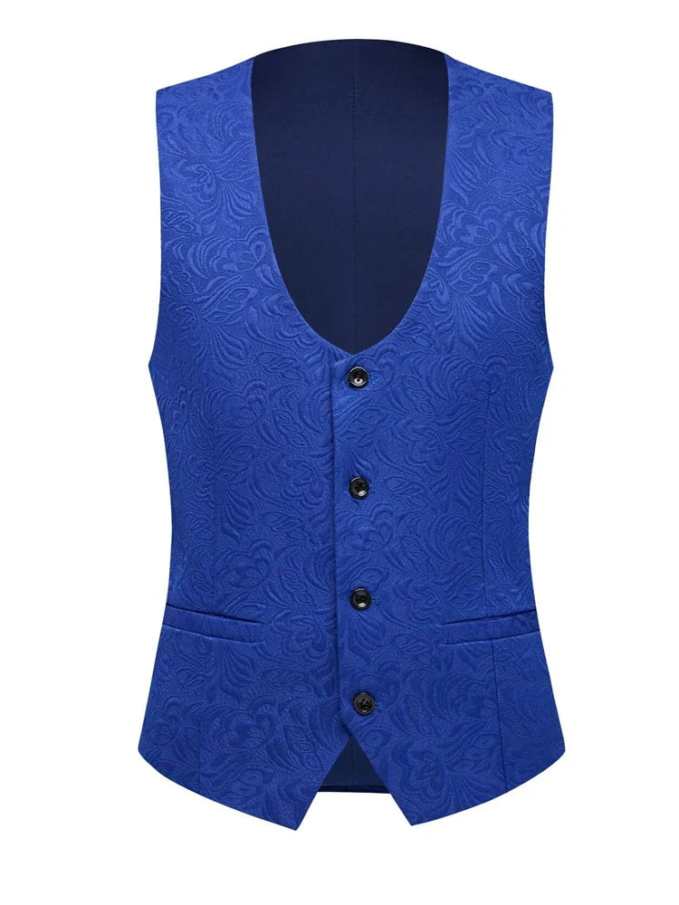 Men's three-piece floral jacquard slim-fitting suit set, including paisley pattern suit jacket, vest, and pants, suitable for ba