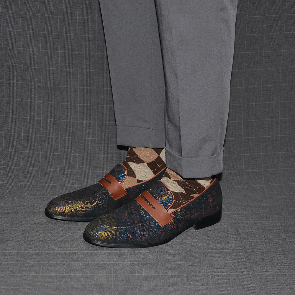 European Classic Men's Wedding Dress Shoes Soft Suede Leather with Flower Pattern Penny Loafers Banquet Party Formal Shoes Man