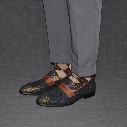 European Classic Men's Wedding Dress Shoes Soft Suede Leather with Flower Pattern Penny Loafers Banquet Party Formal Shoes Man