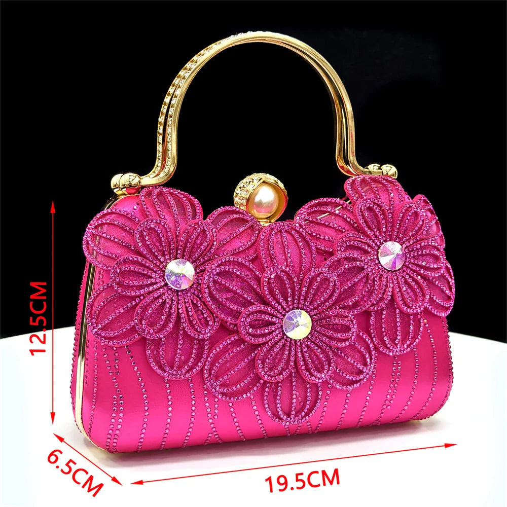 Elegant Italian Women's Blue Color Rhinestone Heels with Floral Design & Matching Clutch Bag Set - Perfect for Parties
