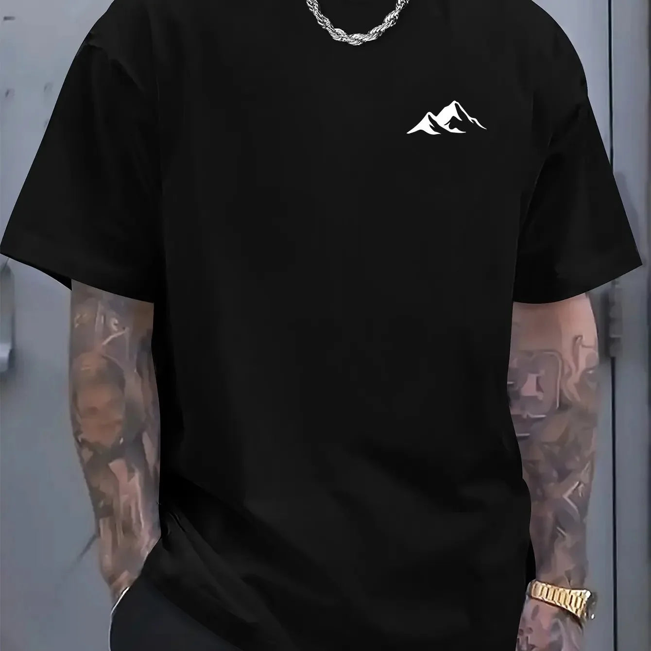 Men's Summer 100% Cotton Fashion Casual Loose Mountain-patterned Printed Sports Round-neck Short-sleeved T-shirt Soft Breathable
