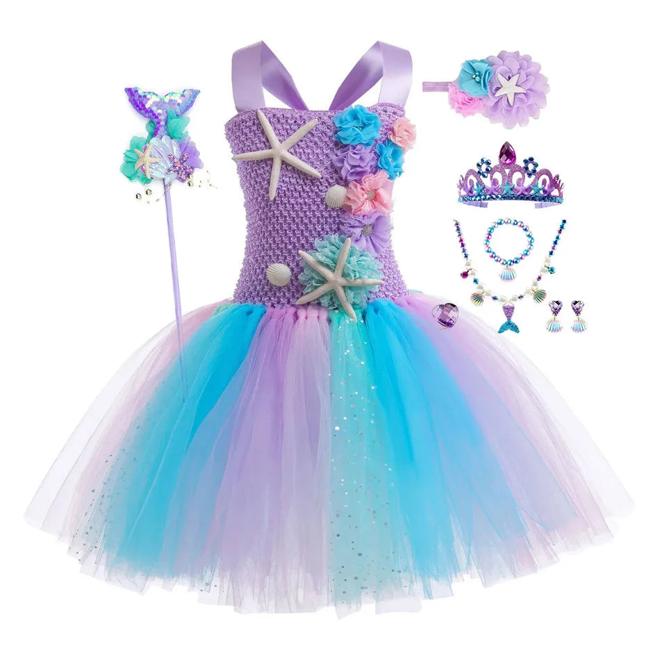 1-12 anos Vestido Tutu de Sereia Fofo com Apliques de Estrela-do-mar Coral, Vestido de Princesa Elegante Ombro a Ombro, Vestido Bufante para Festa de Aniversário de Criança