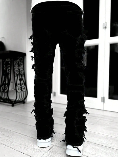 Y2k hip-hop style fringed jeans, men's casual street style stretch jeans