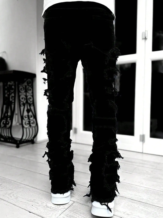 Y2k hip-hop style fringed jeans, men's casual street style stretch jeans