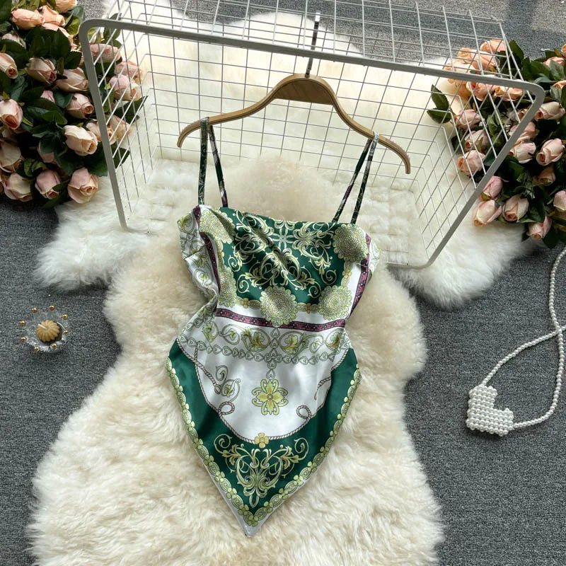 Women Sexy Backless asymmetrical lace-up Camis Print Tank Top Chic One-piece Corset Bustier Summer Beach vacation Crop Top