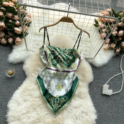 Women Sexy Backless asymmetrical lace-up Camis Print Tank Top Chic One-piece Corset Bustier Summer Beach vacation Crop Top