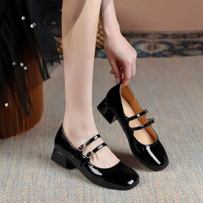2025 New Women's Burgundy Patent Leather Mary Jane Pumps - Vintage-Inspired Double Gold Buckle Low Block Heel Dress Shoes