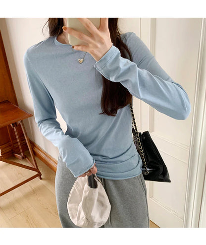 2026 Spring Autumn T shirt Women Tops Solid Slim Fit Long Sleeve O Neck Tshirts Female Casual Streetwear High Quality Base Tees