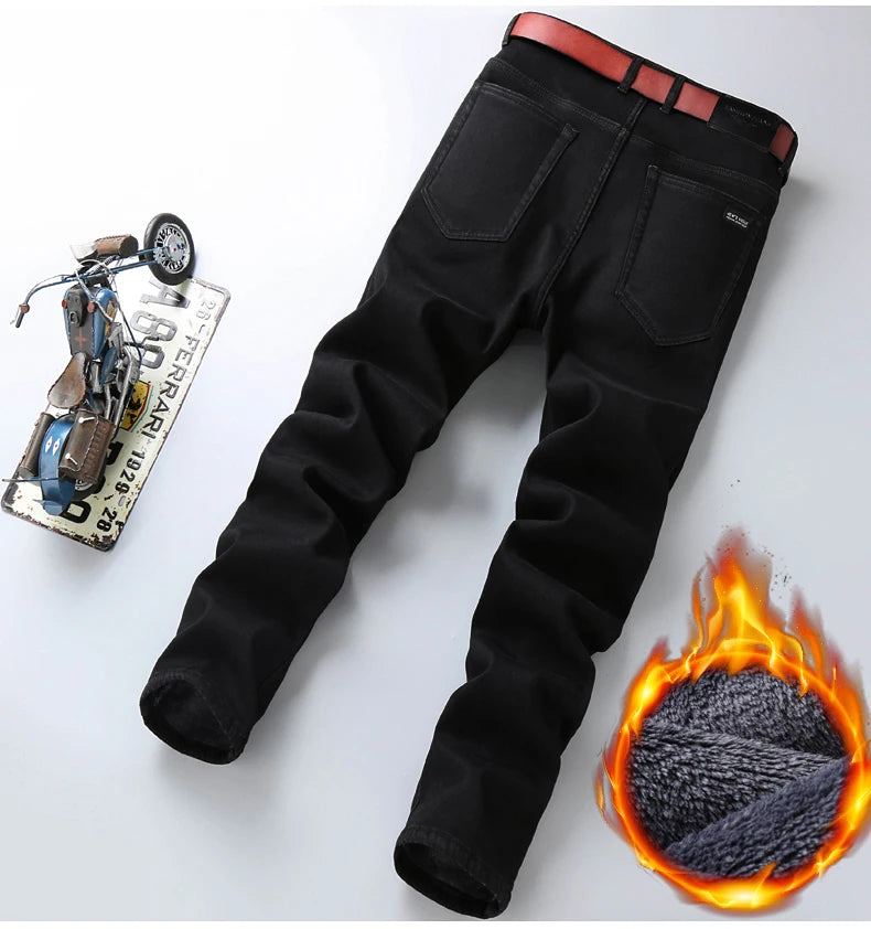 2023 Winter Men Black Blue Straight Stretch Denim Thick Velvet Pants Warm Jeans Casual Fleece Line Trousers Male Plus Size