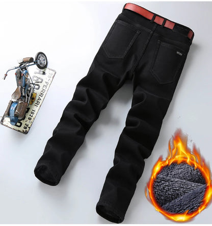 2023 Winter Men Black Blue Straight Stretch Denim Thick Velvet Pants Warm Jeans Casual Fleece Line Trousers Male Plus Size