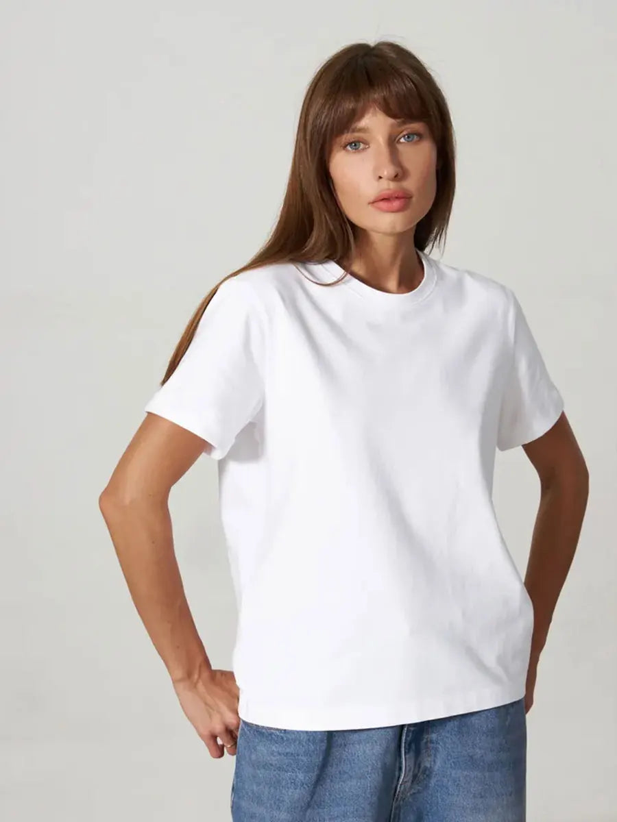 Summer 100% Cotton Women's T-shirt Bottoming Basic Fashionable Solid Lady Short Sleeve Loose Tops Shirts 230g/㎡ Tops