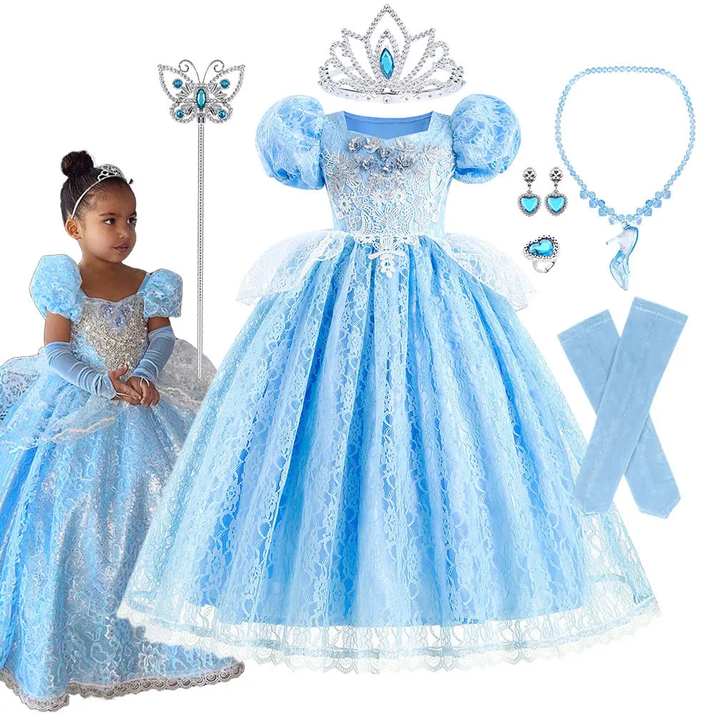 Kid Chic Cinderella Lace Ball Gown Princess Cosplay Floral Party Dress Fairy Punmkin Car Girls Story Role Play Carnival Costume