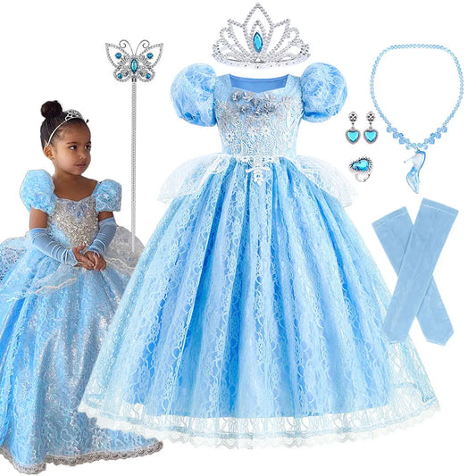 Kid Chic Cinderella Lace Ball Gown Princess Cosplay Floral Party Dress Fairy Punmkin Car Girls Story Role Play Carnival Costume
