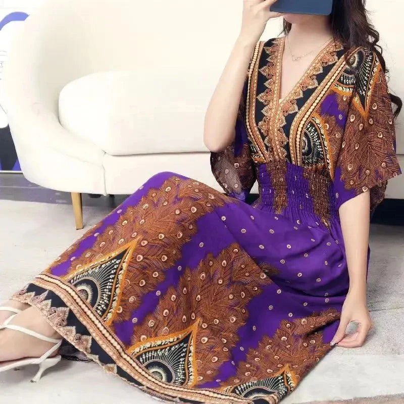 Flower V-neck Elastic Youthful Bohemian Sweet Midi Dress Woman Clothes Chic Fashion Summer Dresses 2025 Large Swing Ski