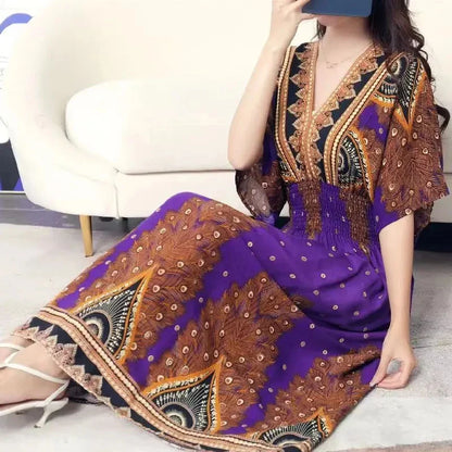 Flower V-neck Elastic Youthful Bohemian Sweet Midi Dress Woman Clothes Chic Fashion Summer Dresses 2025 Large Swing Ski