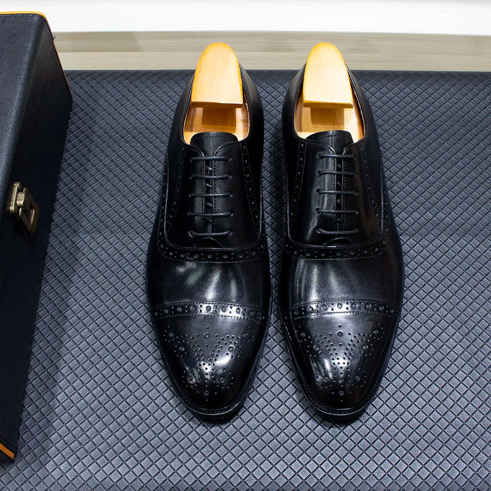 Luxury Genuine Leather Calfskin Cap Toe Oxfords Men's Dress Shoes Italian Style Lace-Up Wedding Business Formal Shoes for Men