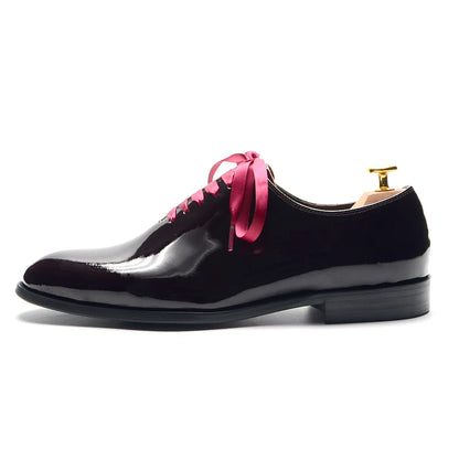 Luxury Men's Dress Shoes Burgundy Smooth Patent Leather Italian Whole Cut Plain Toe Oxford Lace-Up Wedding Party Formal Shoes