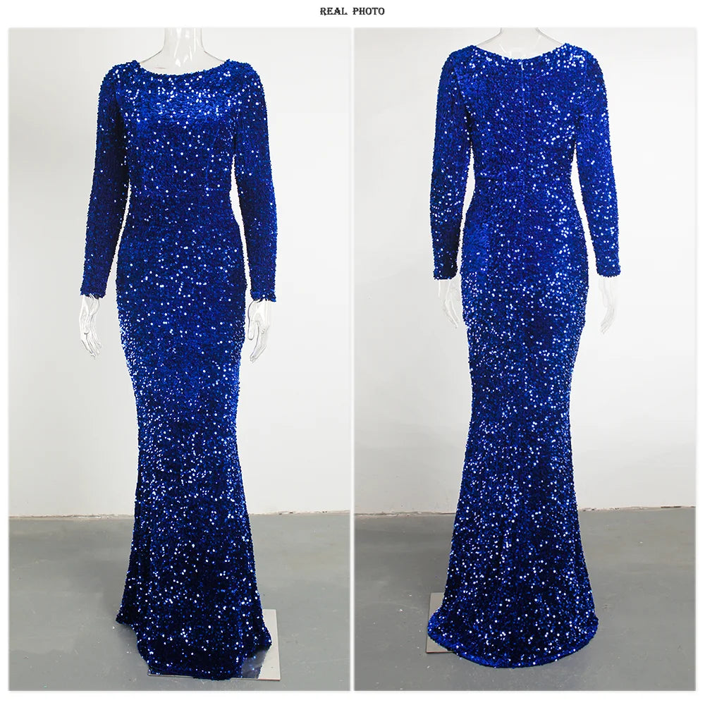 Romagic Women Modest Stretch Sequin O Neck Evening Prom Gown Party Long Dresses Full Sleeved Mermaid Formal Dinner Elegant Dress