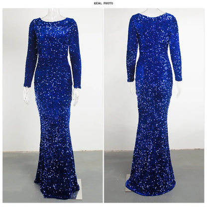 Romagic Women Modest Stretch Sequin O Neck Evening Prom Gown Party Long Dresses Full Sleeved Mermaid Formal Dinner Elegant Dress