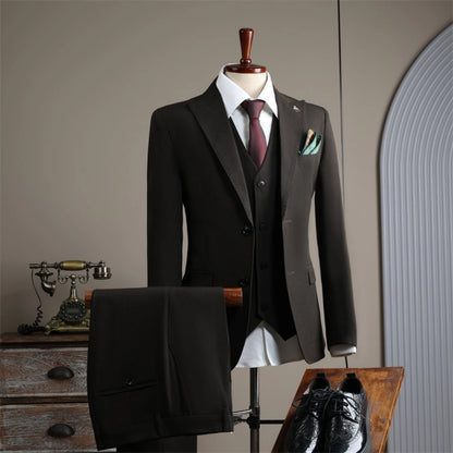 New Men's Slim Fit Business Suit Set 3 Pieces,Classic Graceful Solid Suits For Interview Office,Stylish Peak Lapel Men Tuxedo